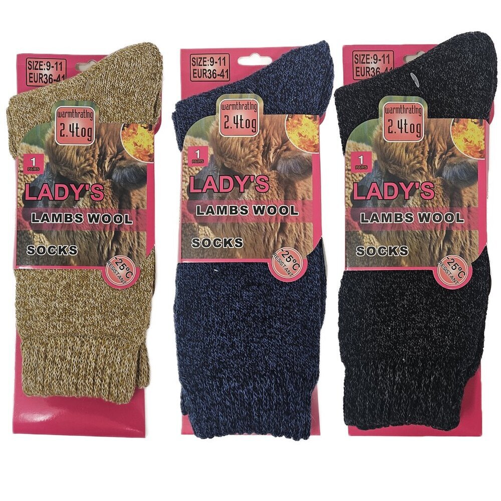 Women Lamb Wool Socks, Heavy Duty Winter Warm Boots Crew Sock Marled 3-Pairs NEW